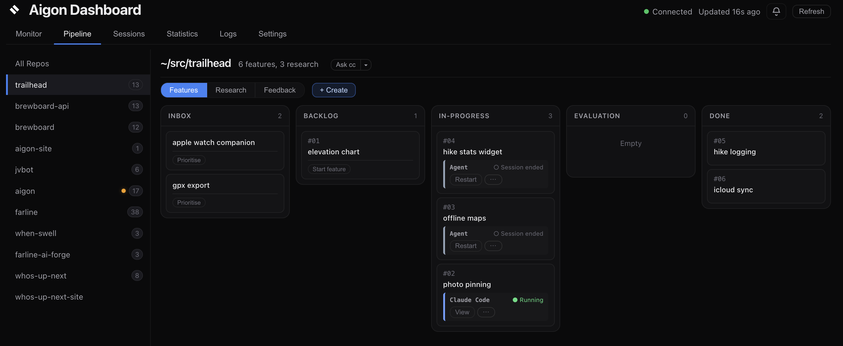 Aigon Dashboard — Kanban pipeline showing features flowing through Inbox, Backlog, In-Progress, Evaluation, and Done columns with Claude Code and other agents running